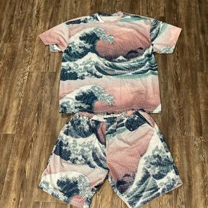 Pink dolphin all over wave print beach outfit